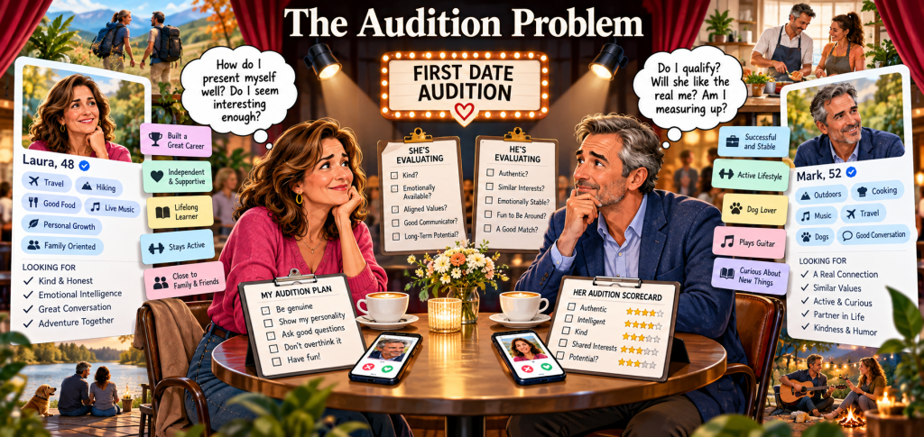 A whimsical illustration depicting a dating scenario titled 'The Audition Problem'. It features two characters, Laura and Mark, evaluating each other like audition candidates. Laura, 48, is looking for emotional intelligence and adventure, while Mark, 52, rates her qualities on an audition scorecard. The background shows a romantic outdoor setting with a cafe ambiance.